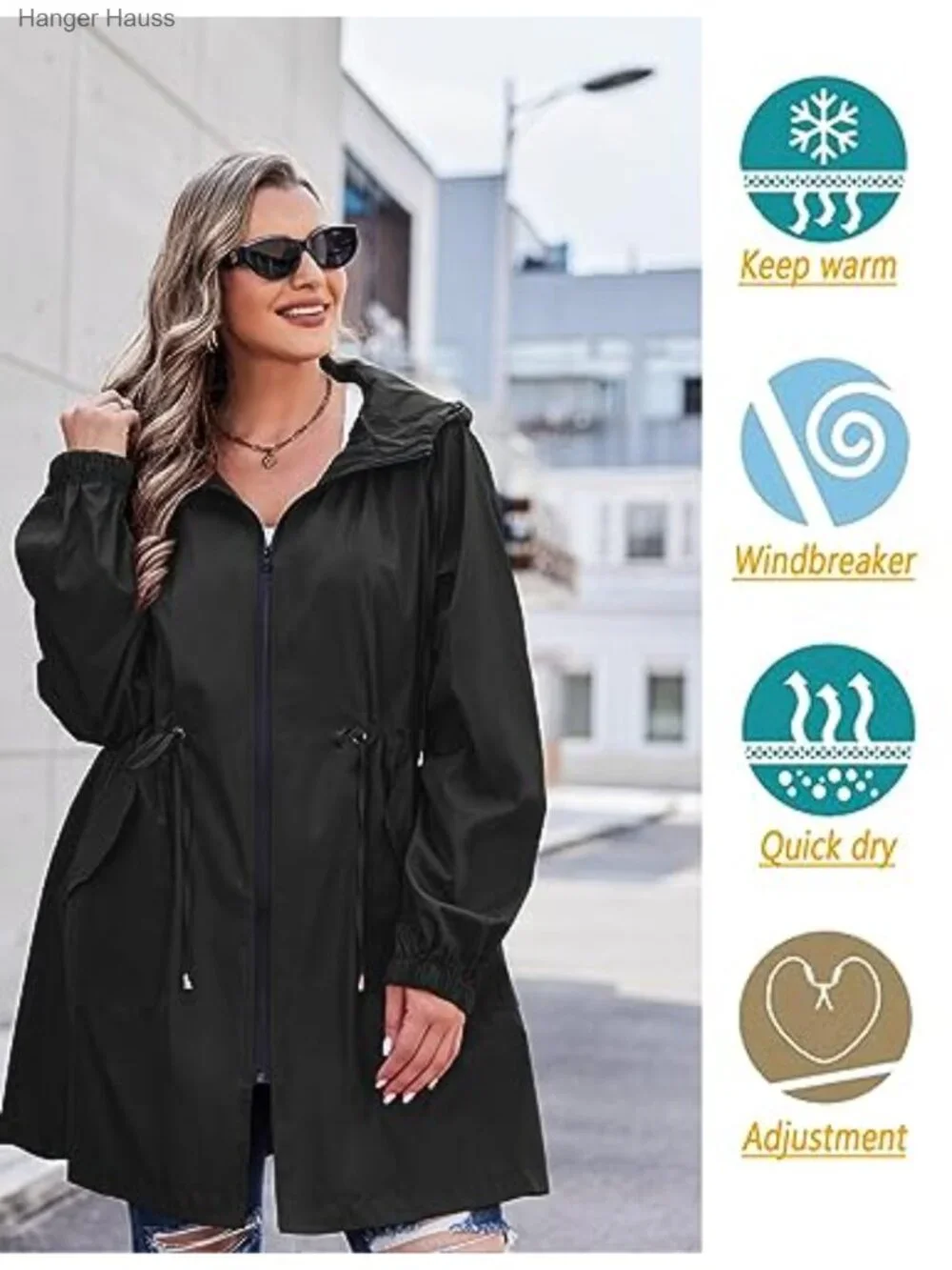Women's Waterproof Raincoat Lightweight Long Trench Jacket Hooded Packable